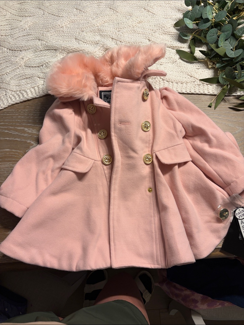 Rothschild Pink Faux-Fur Trim Double-Breasted Pea Coat